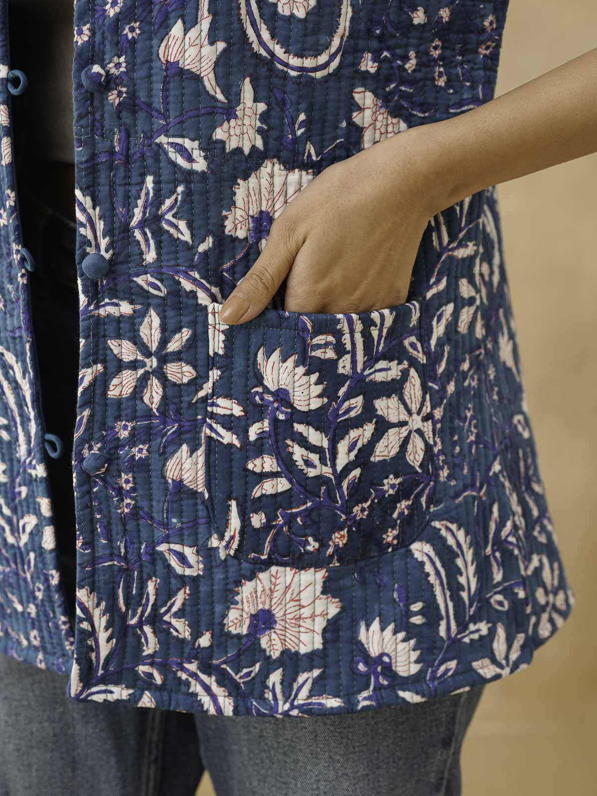 Cotton Printed Sleeveless Quilted Jacket Blue Jaal