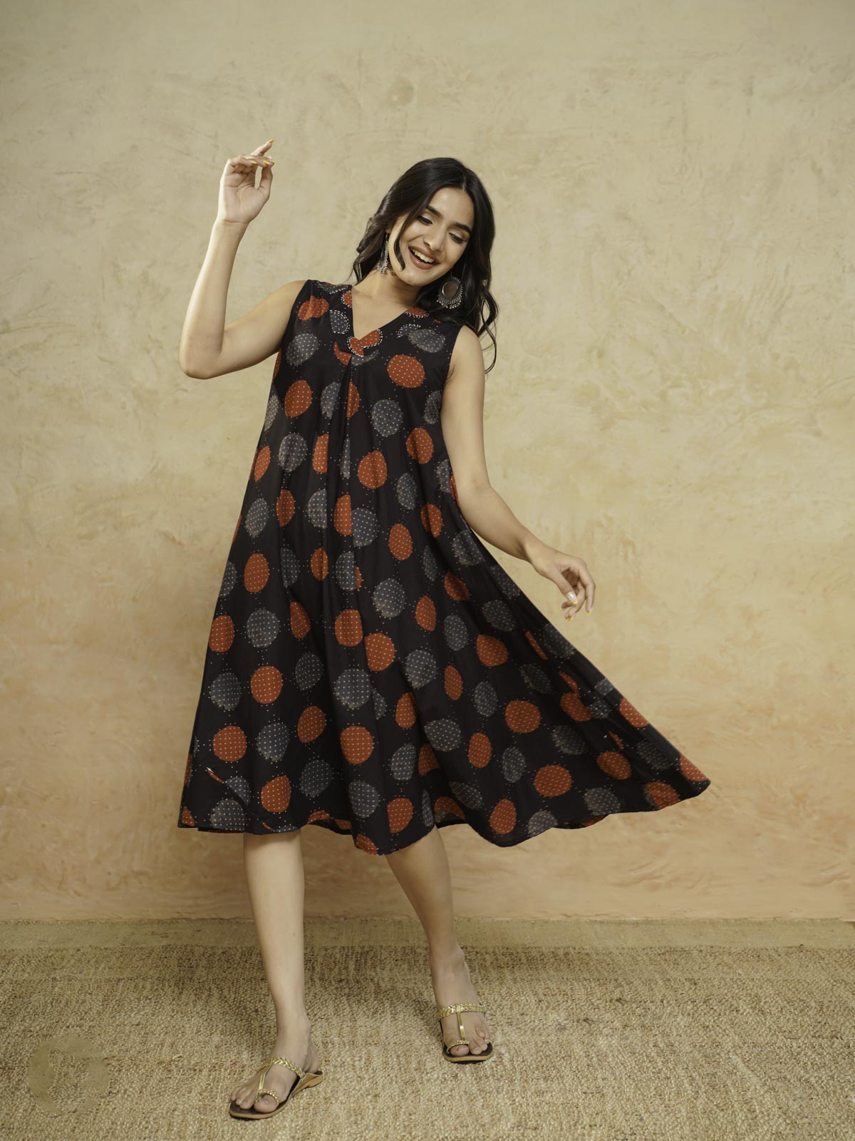 Cotton Printed Sleeveles Anjuna Dress Black