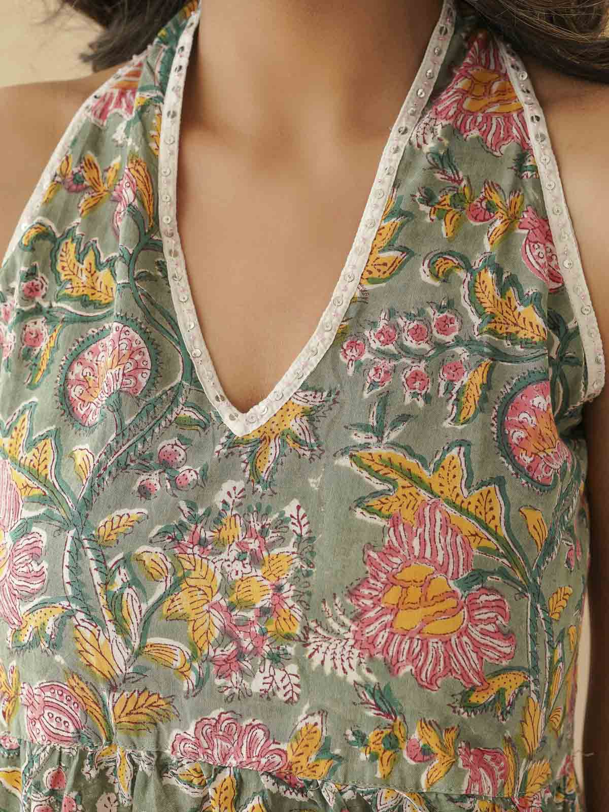 Tiered Halter Neck Dress Green Jaal