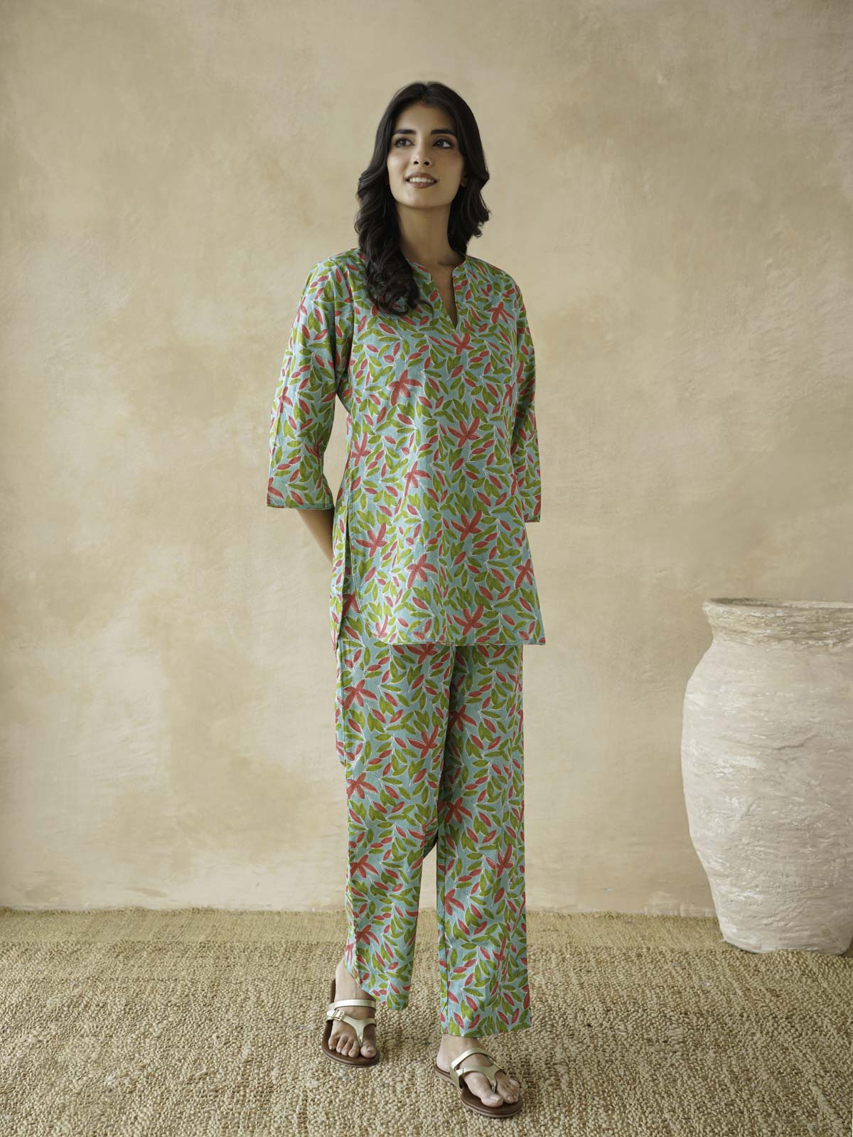 Cotton Printed Lounge Wear Coord Set Green Patti