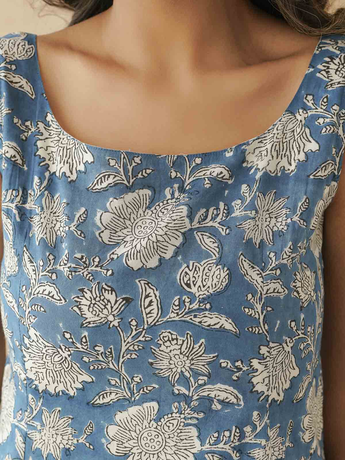 Cotton Printed Stylish Backless Tie-Up Kurti Drak Blue