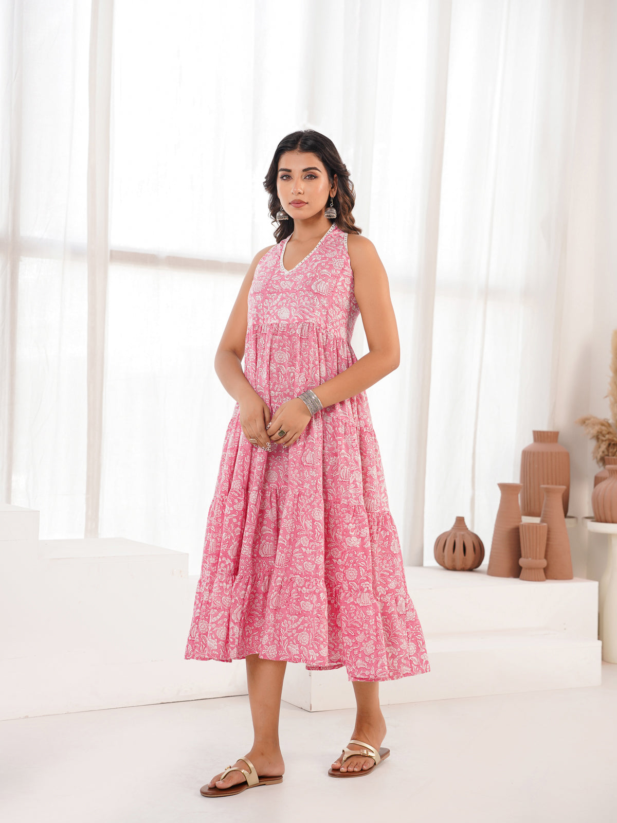 Tiered Halter Neck Dress Pink Jaal