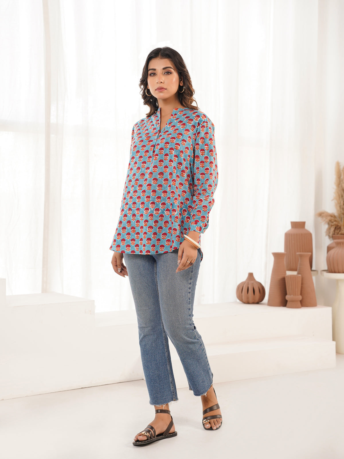 Cotton Printed Top For Women Turquoise