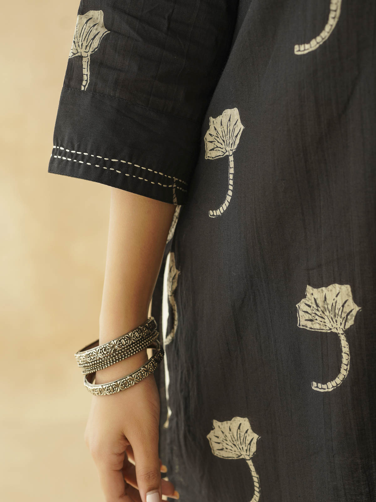 Cotton Printed Kantha Kurta Black