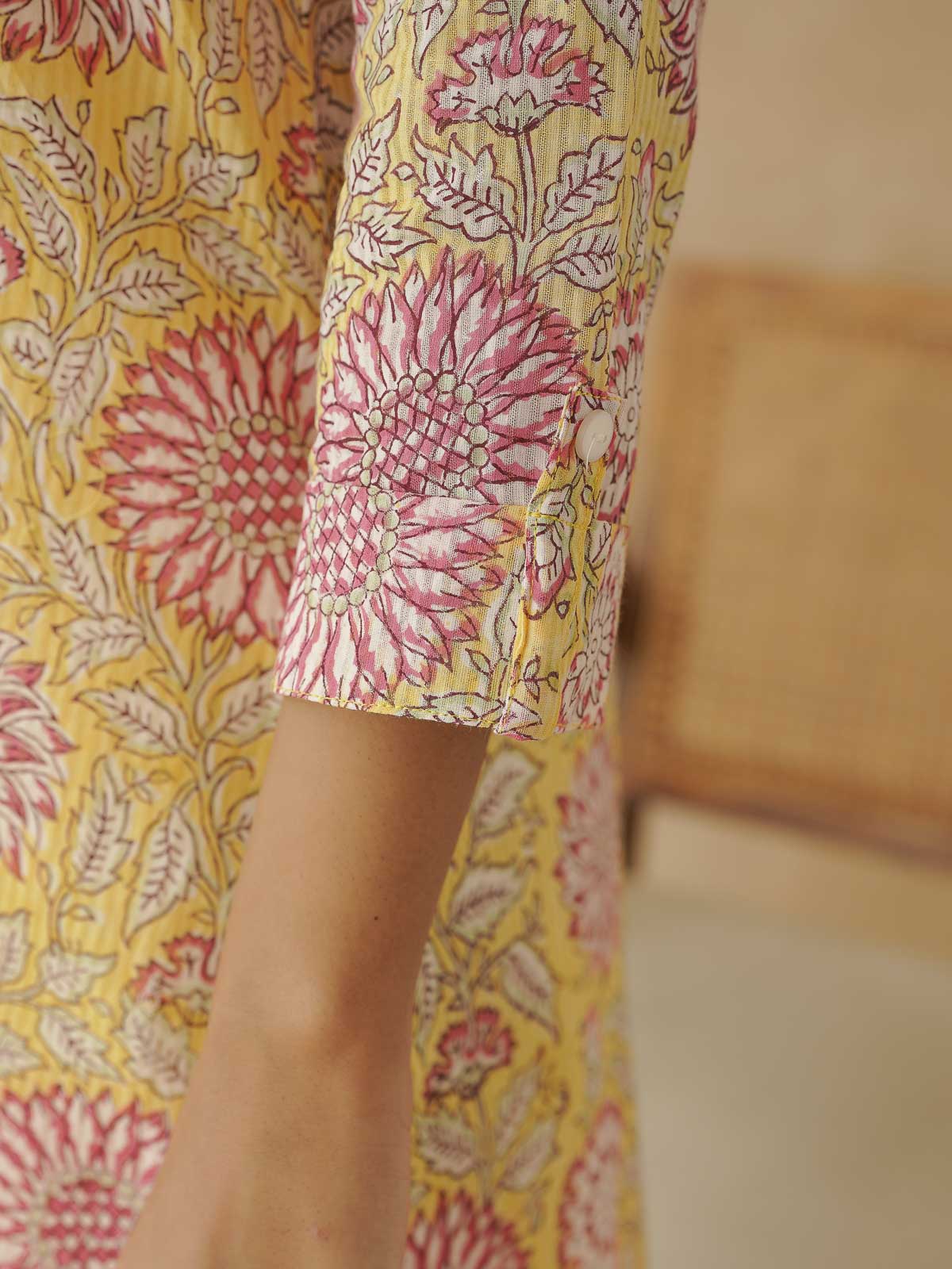 Cotton Printed Collar Neck Long Kurti For Women Yellow
