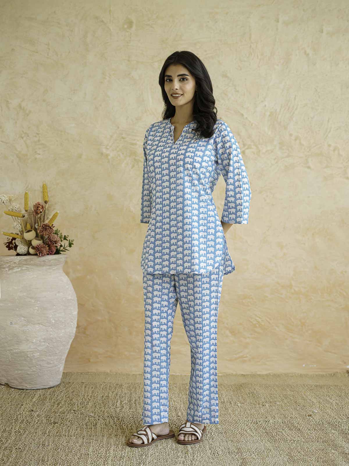 Cotton Printed Lounge Wear Coord Set Sky Blue