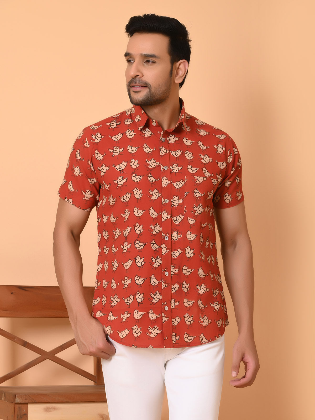Men Block Printed Cotton Half Sleeves Casual Shirt Red Goodhand