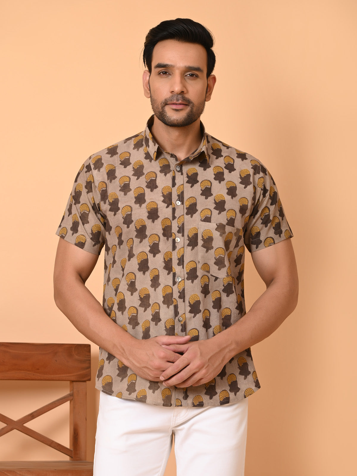 Men Block Printed Cotton Half Sleeves Casual Shirt Brown Goodhand