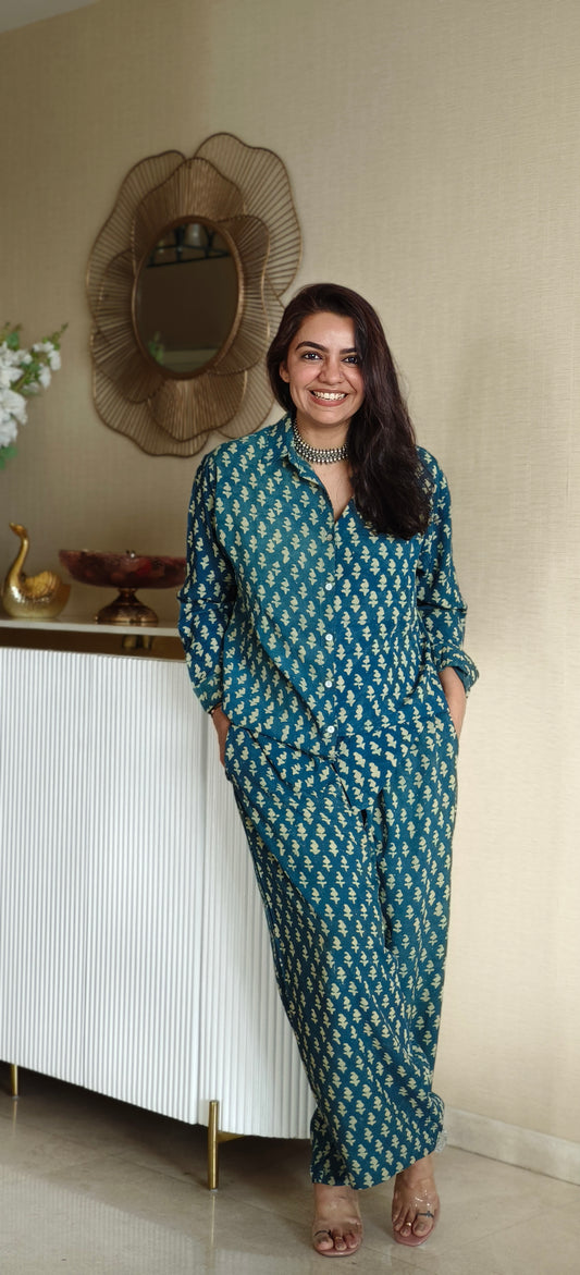 Block Printed Cotton Shirt Pant Meher Set Teal