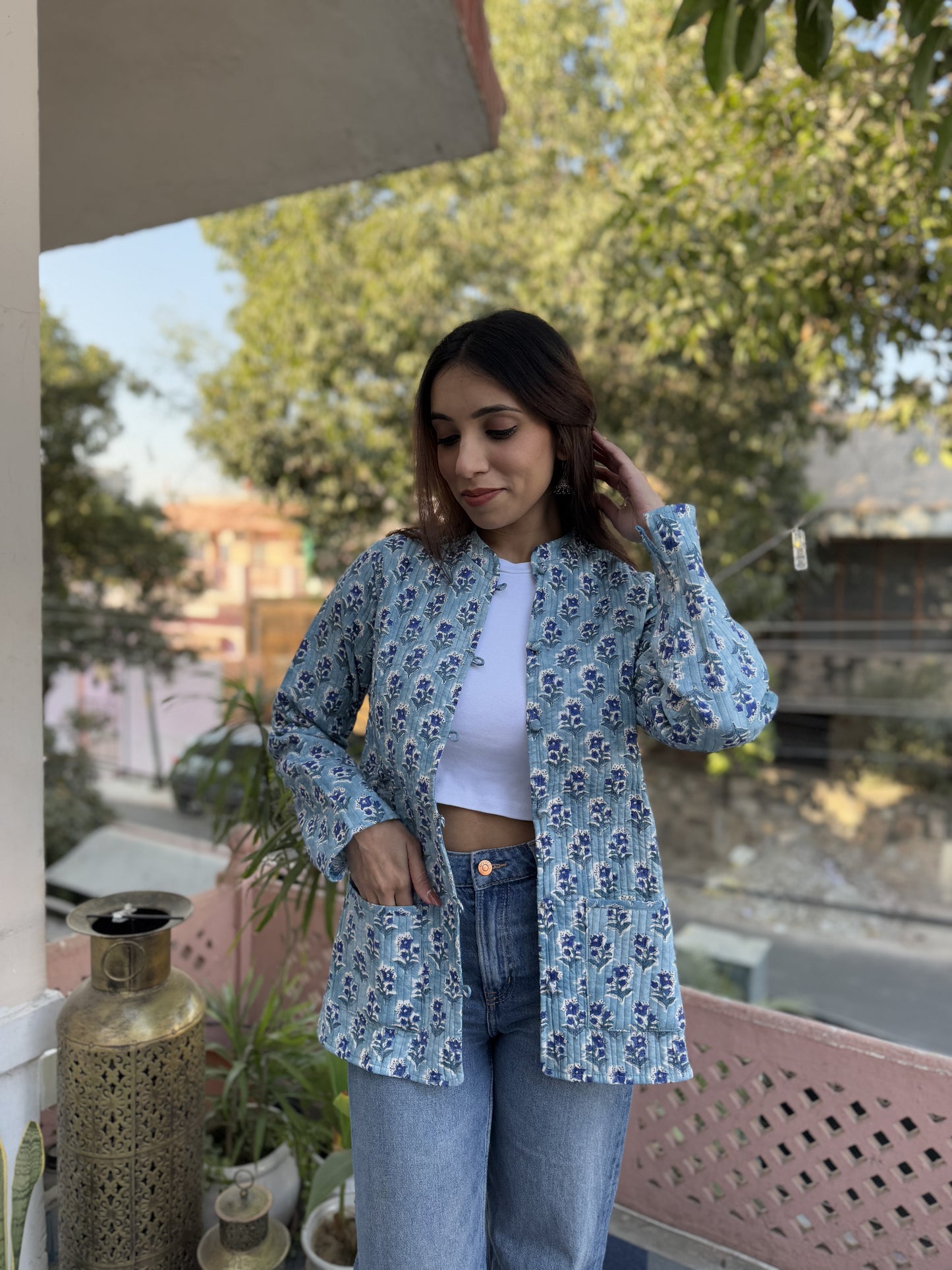 Cotton Printed Full Sleeve Quilted Jacket Light Blue