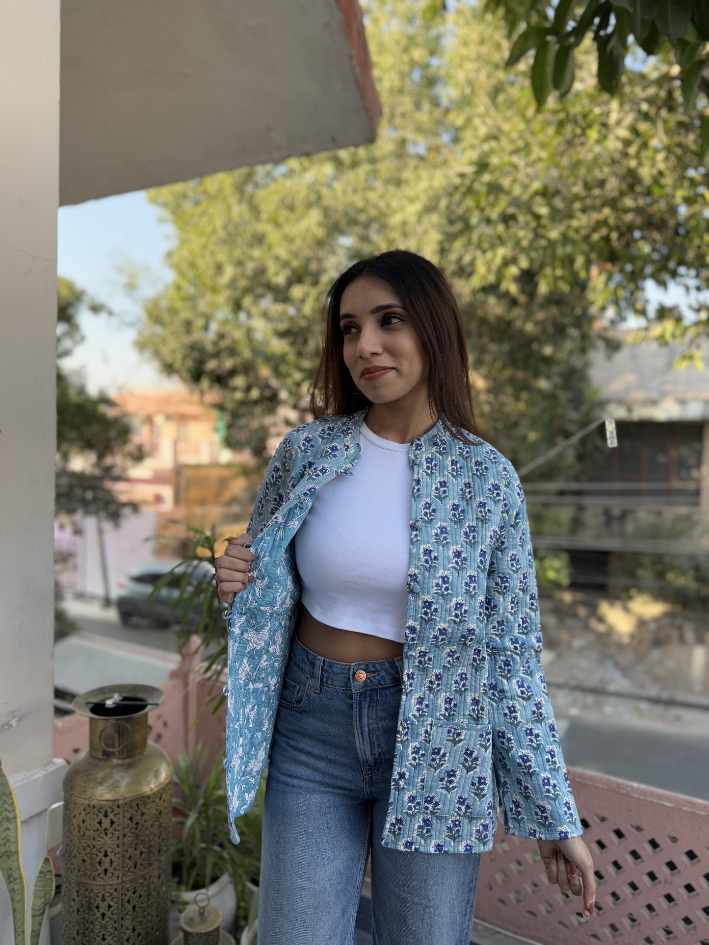 Cotton Printed Full Sleeve Quilted Jacket Light Blue