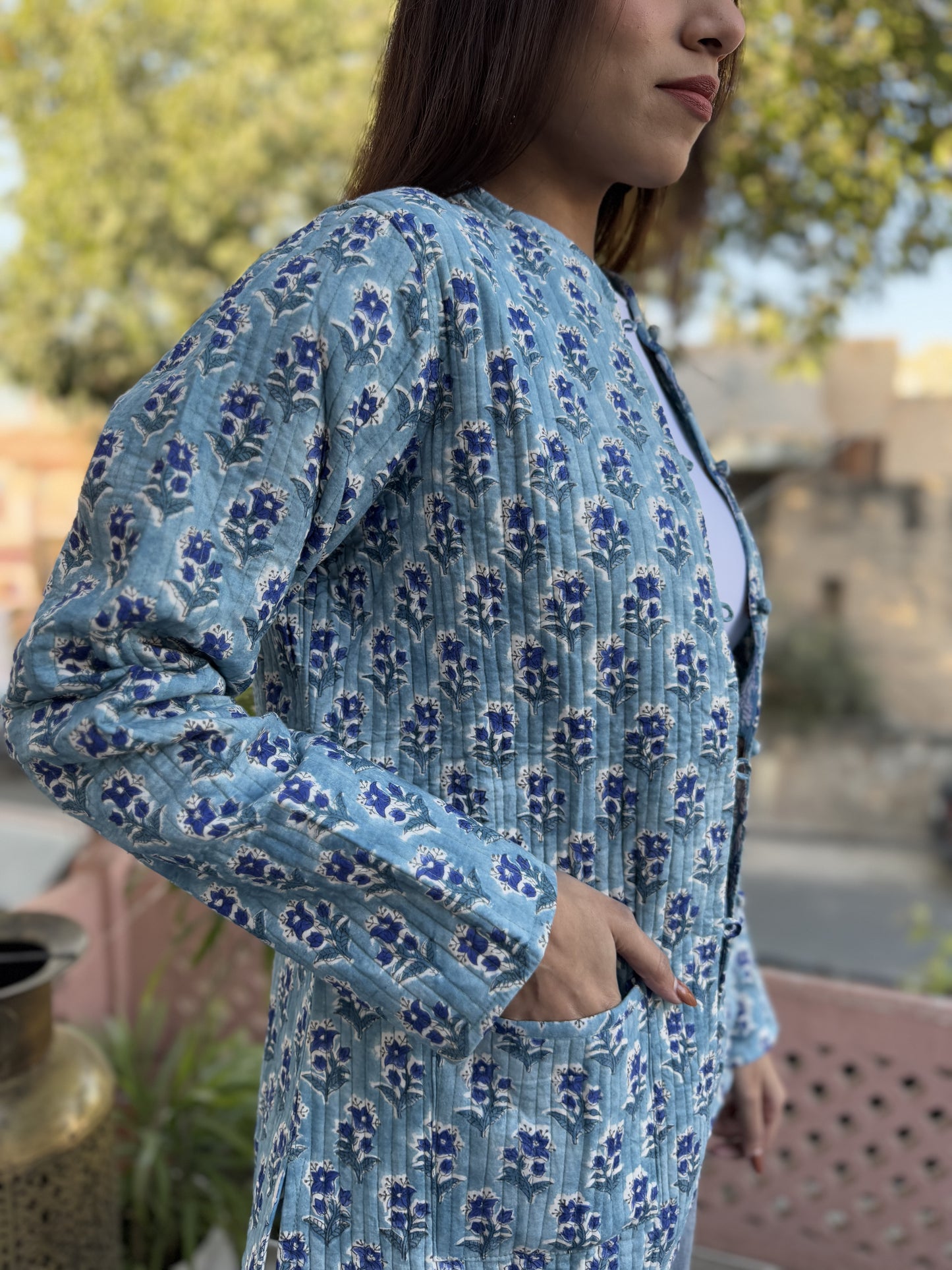 Cotton Printed Full Sleeve Quilted Jacket Light Blue