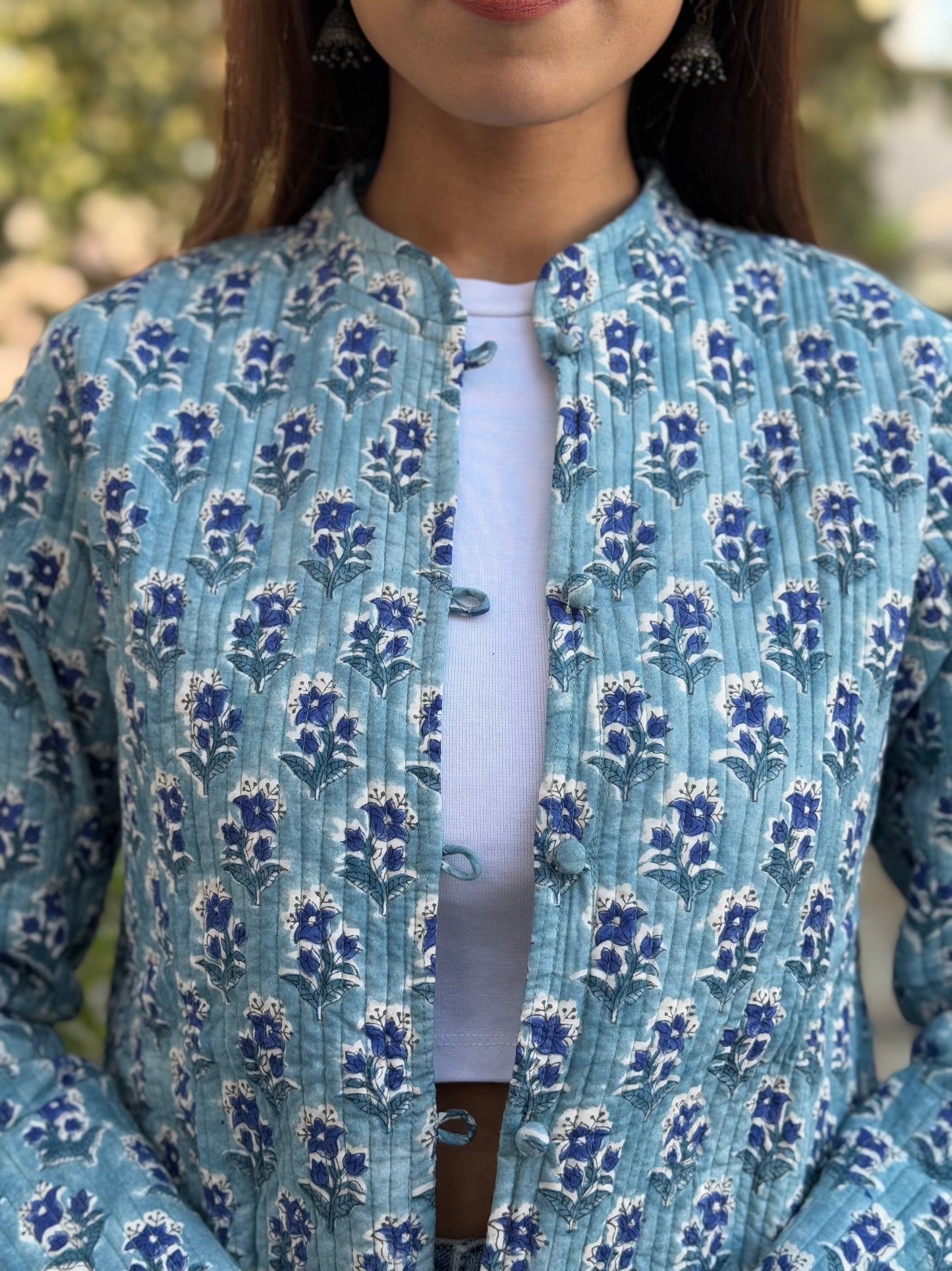 Cotton Printed Full Sleeve Quilted Jacket Light Blue