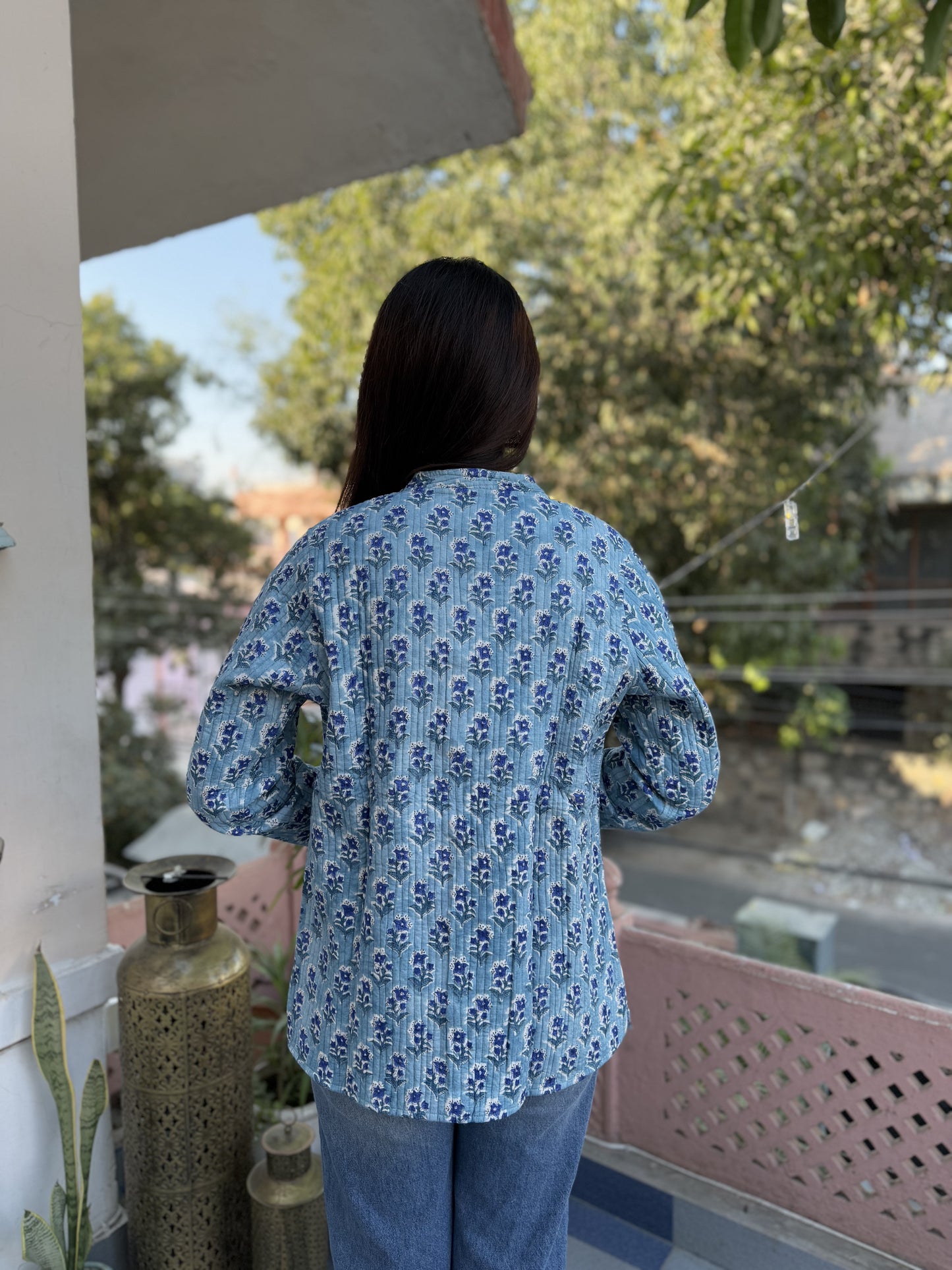 Cotton Printed Full Sleeve Quilted Jacket Light Blue