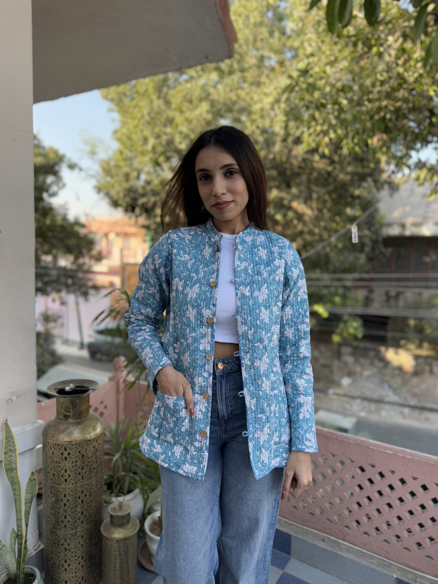 Cotton Printed Full Sleeve Quilted Jacket Light Blue