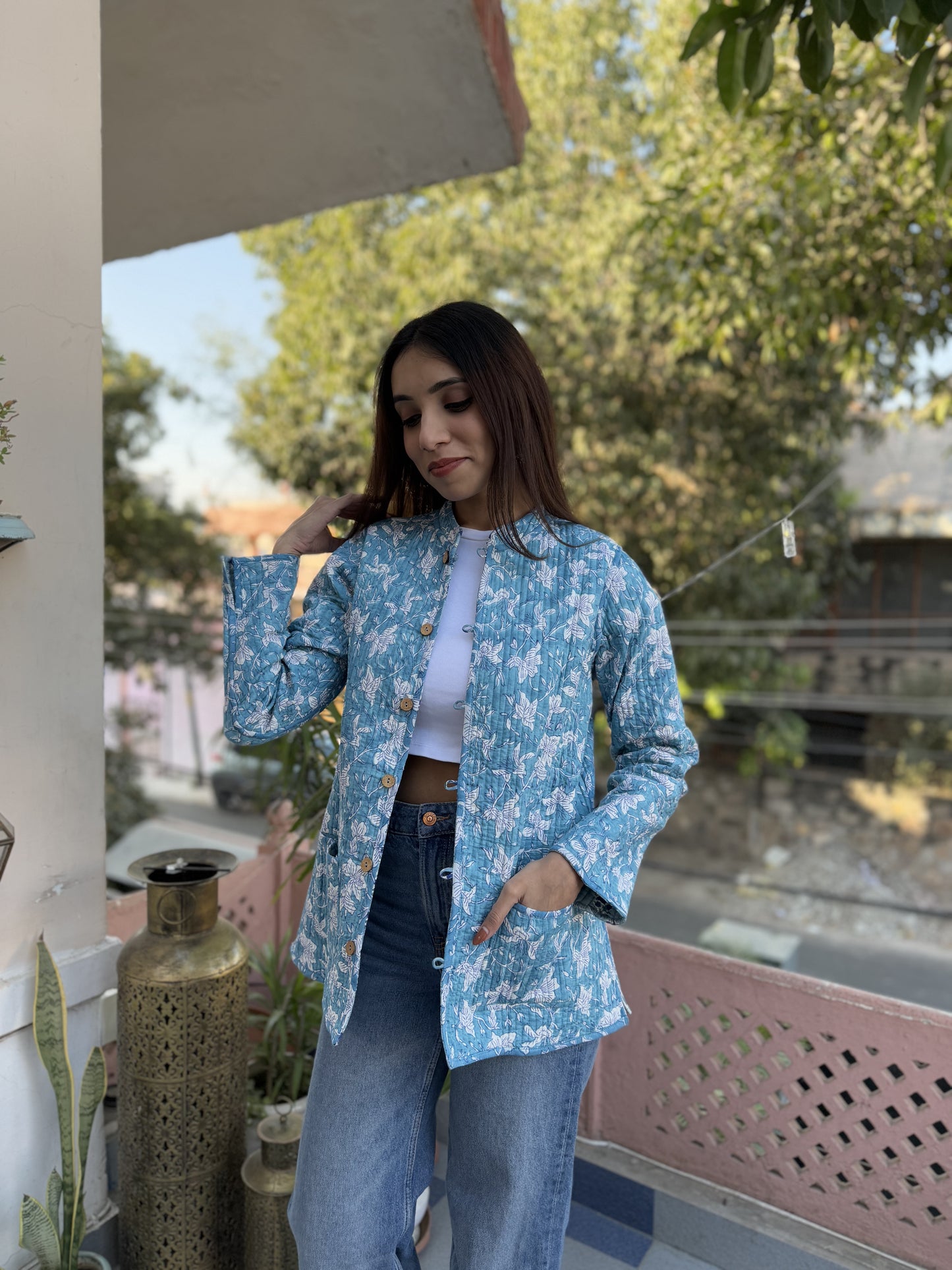Cotton Printed Full Sleeve Quilted Jacket Light Blue