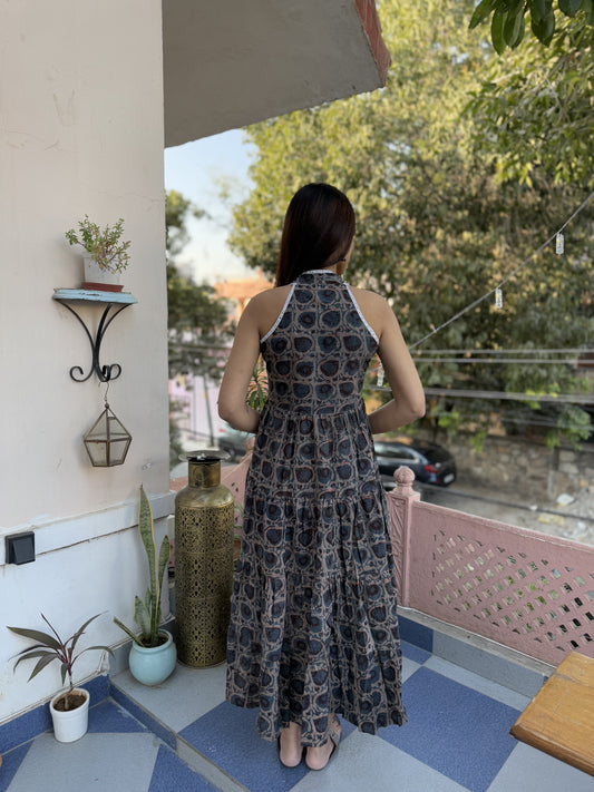 Tiered Halter Neck Dress Indigo