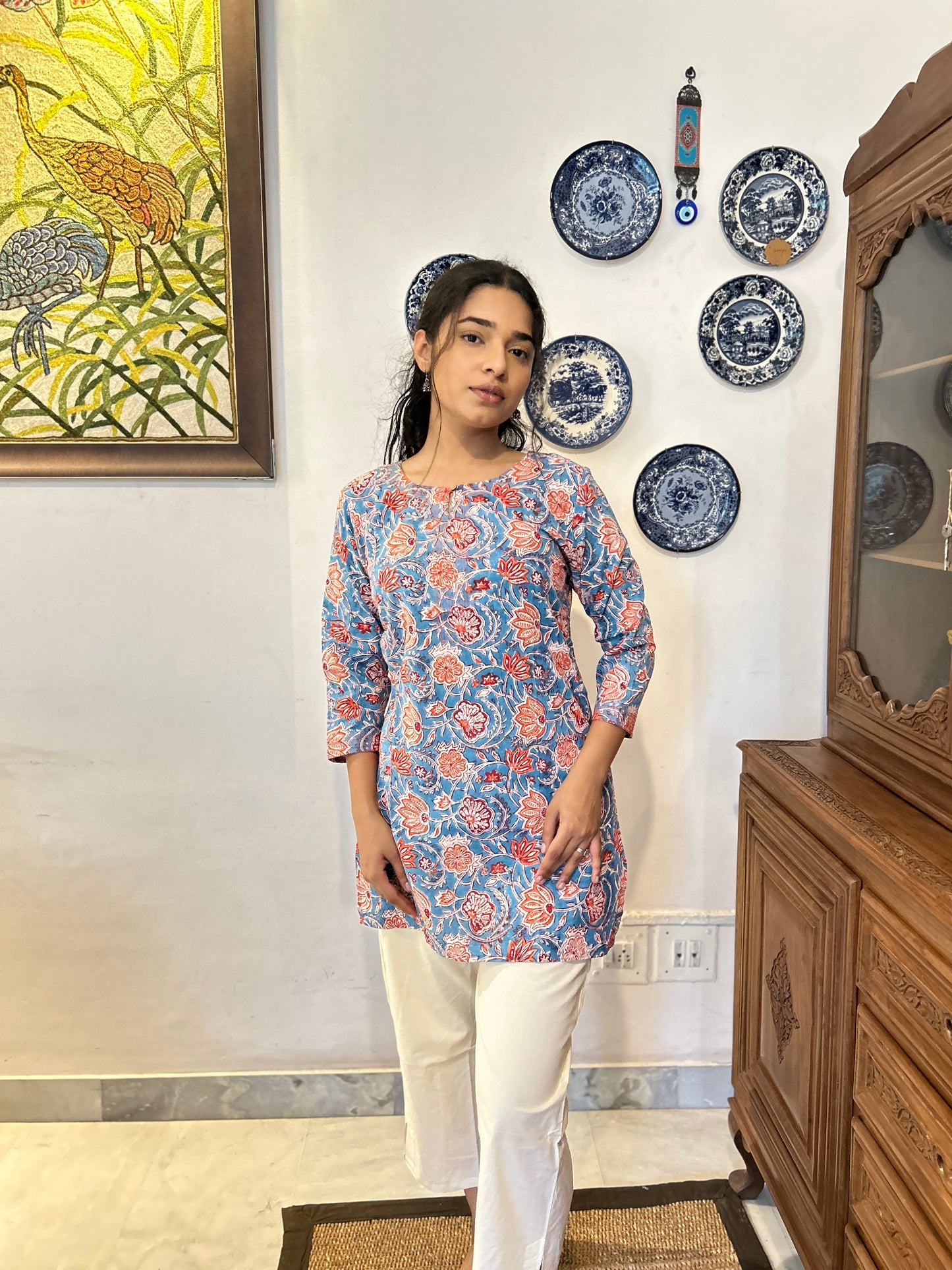 3/4th Sleeve Short Gauhar Kurti Blue