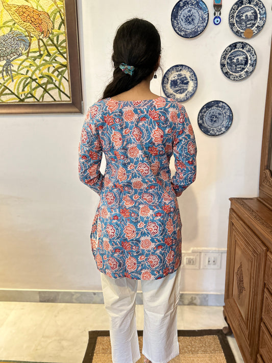 3/4th Sleeve Short Gauhar Kurti Blue