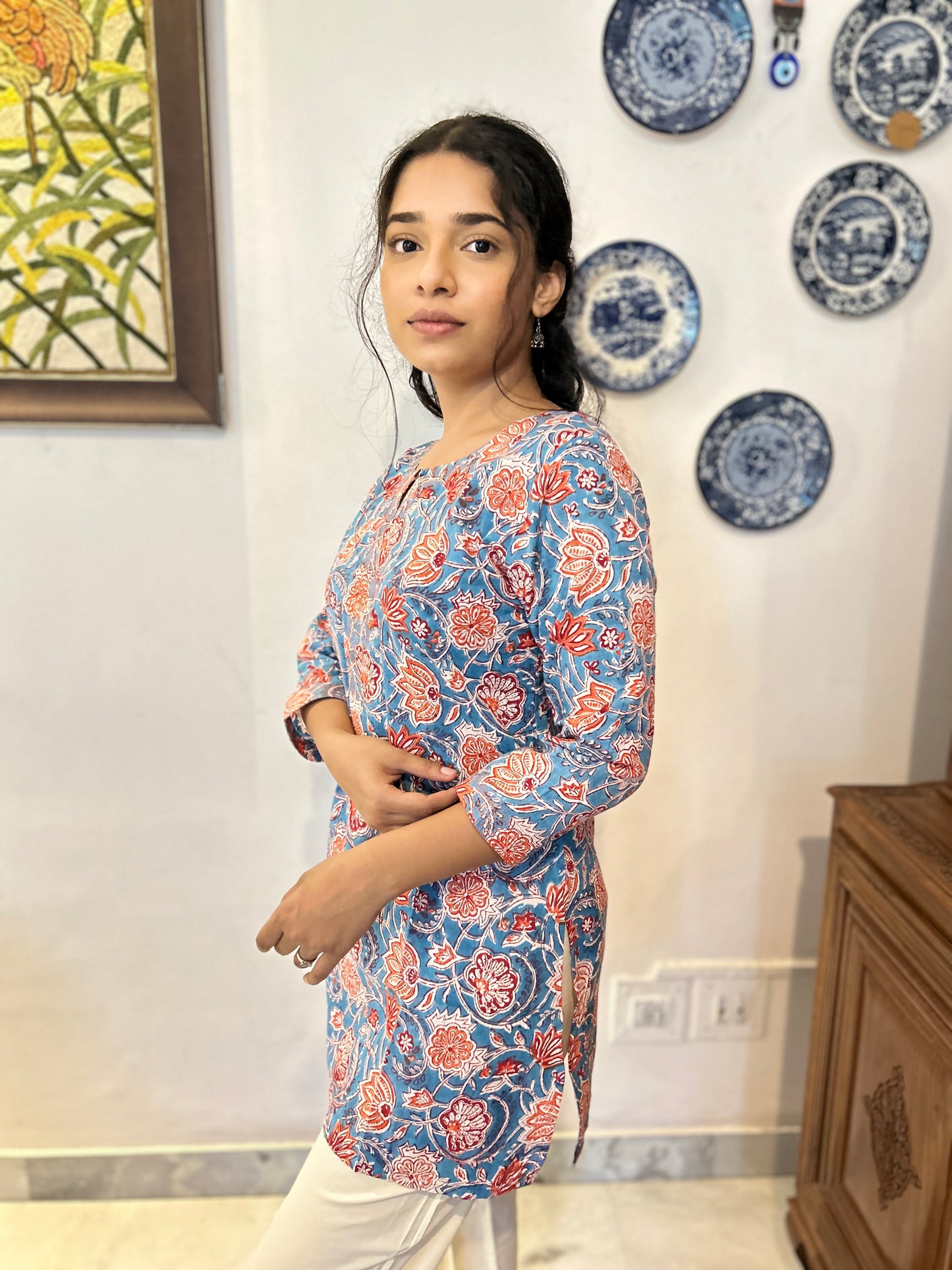 3/4th Sleeve Short Gauhar Kurti Blue
