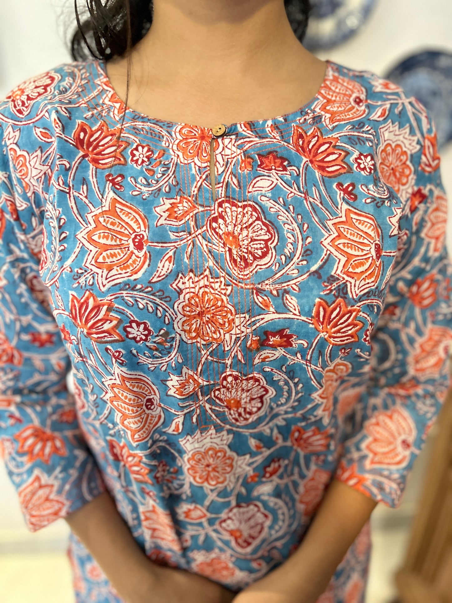 3/4th Sleeve Short Gauhar Kurti Blue