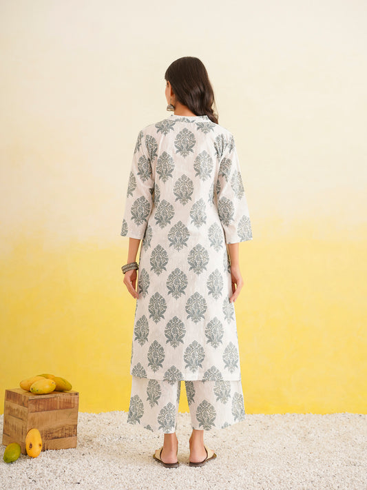 Printed A-Line Cotton Kurta Pant Set White