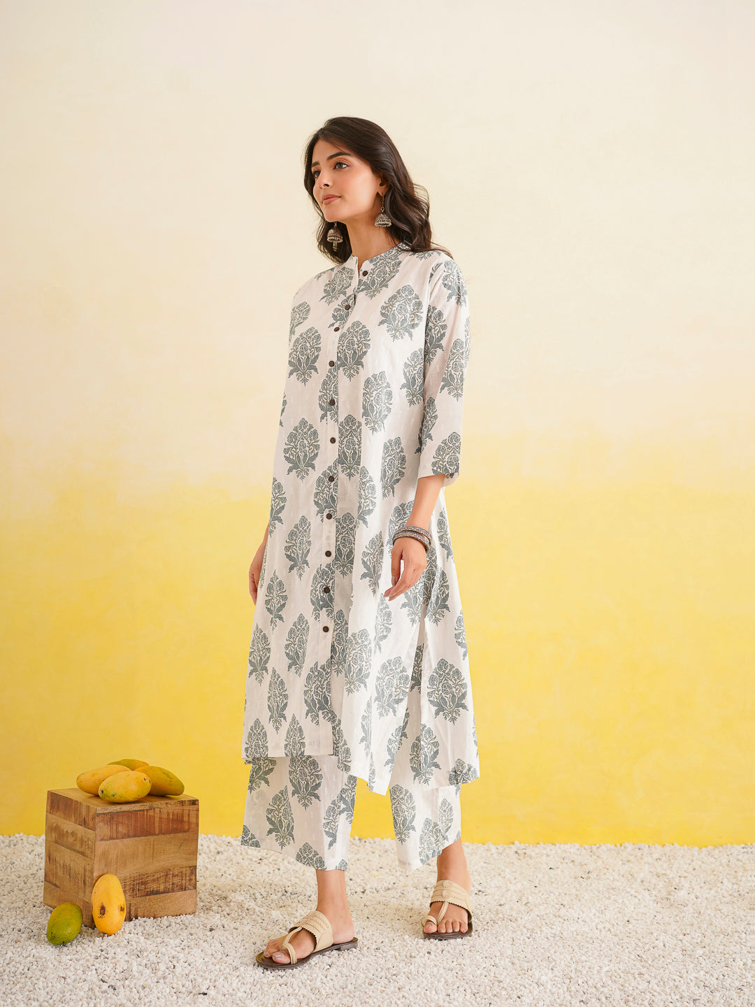 Printed A-Line Cotton Kurta Pant Set White