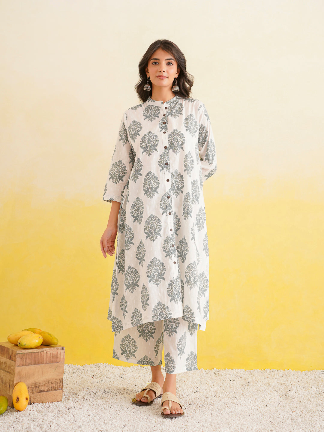 Printed A-Line Cotton Kurta Pant Set White