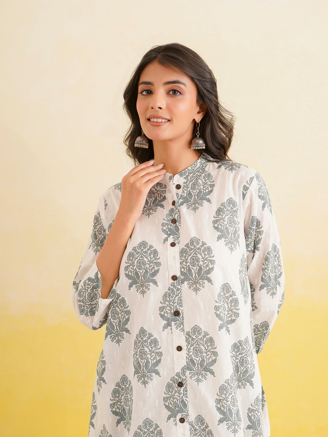 Printed A-Line Cotton Kurta Pant Set White