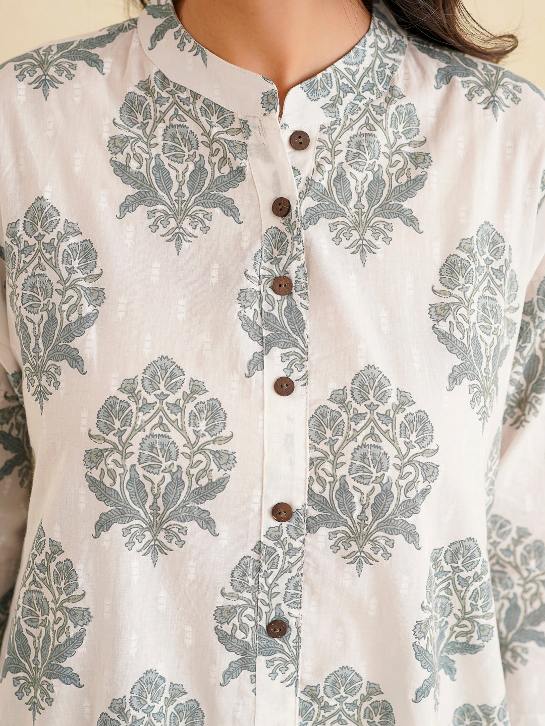 Printed A-Line Cotton Kurta Pant Set White