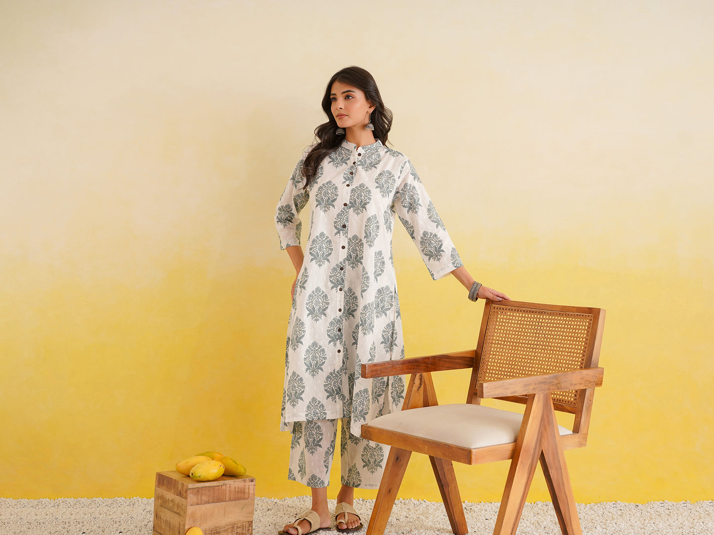 Printed A-Line Cotton Kurta Pant Set White