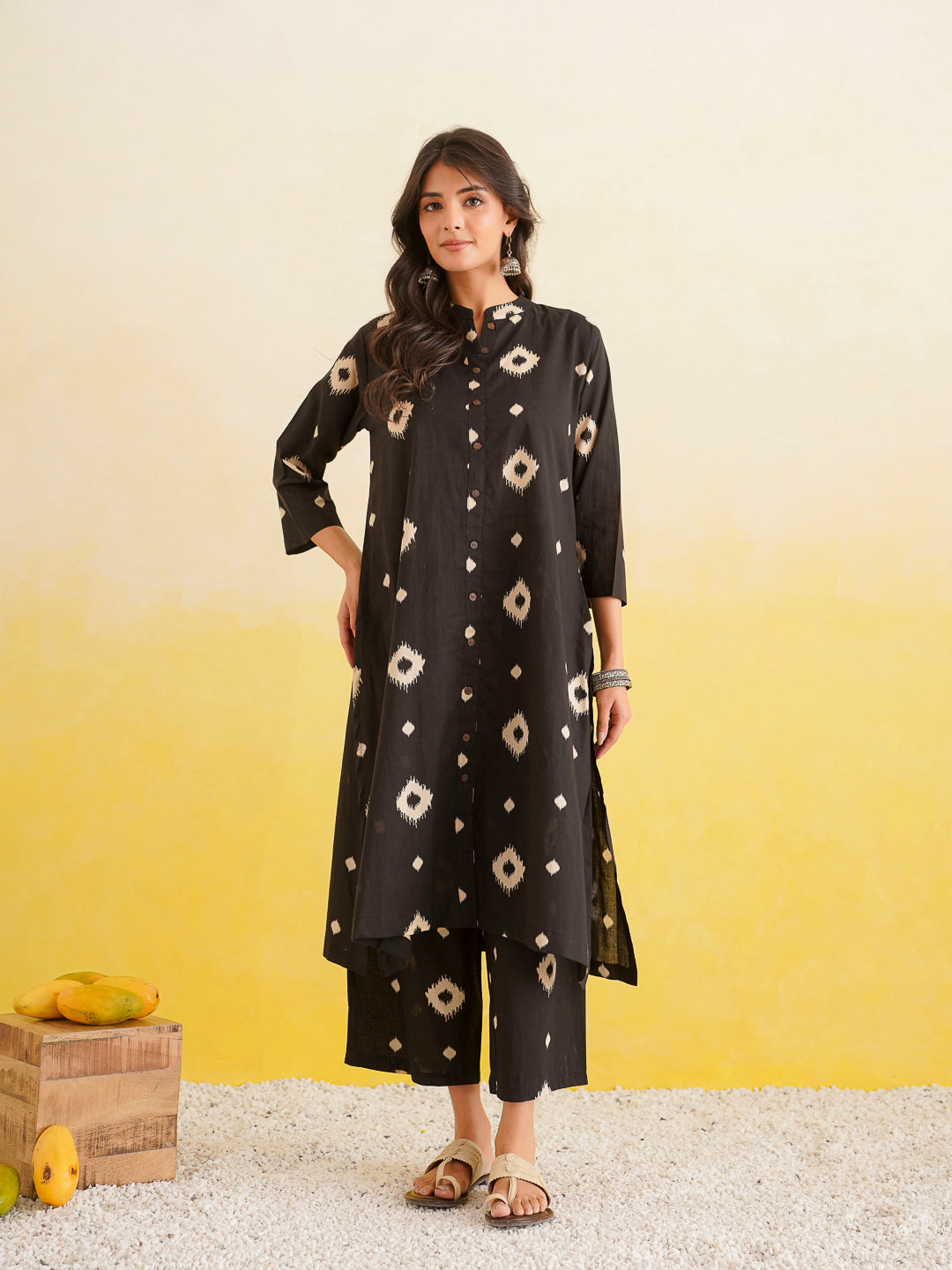 Printed A-Line Cotton Kurta Pant Set Black