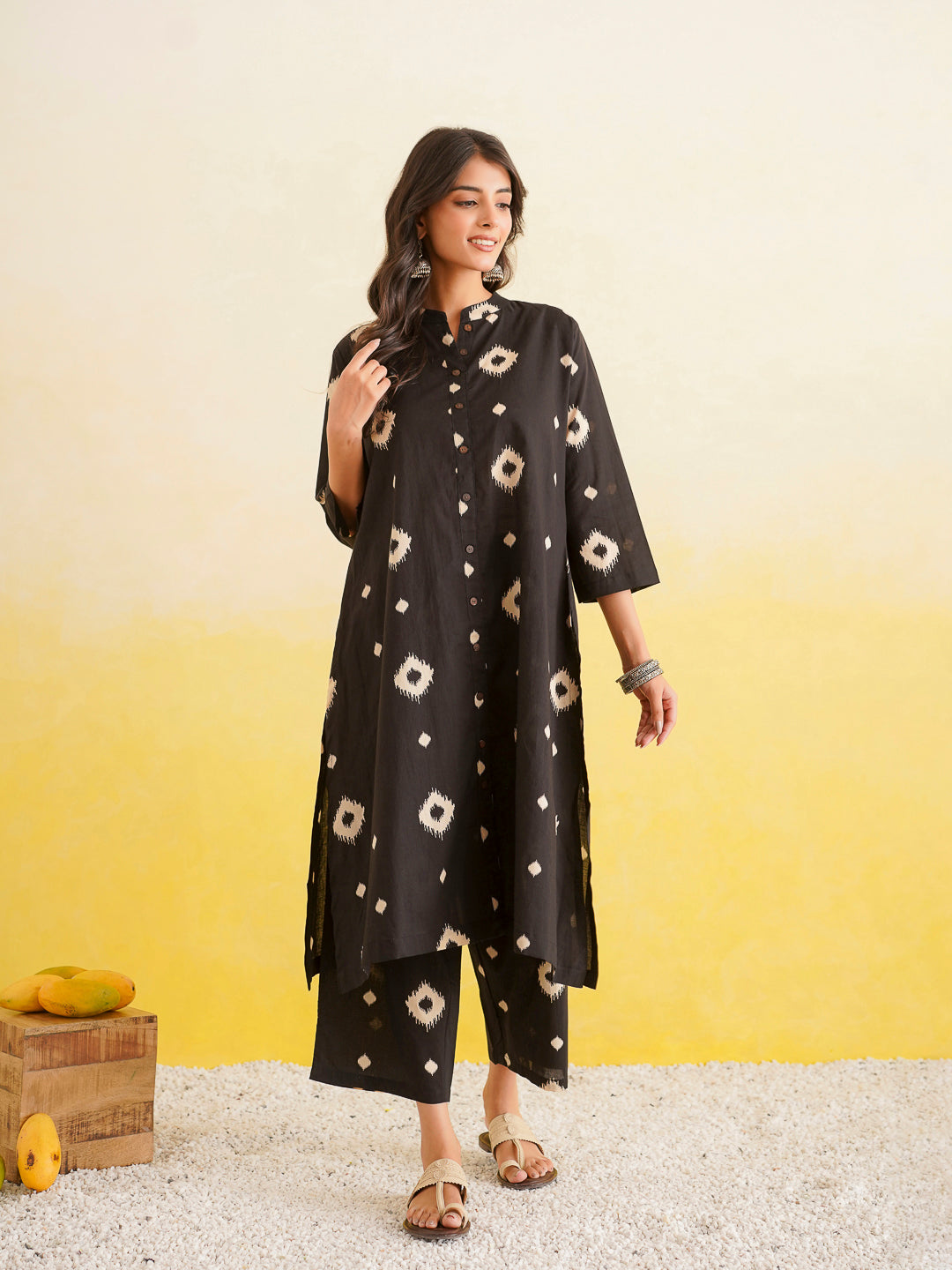 Printed A-Line Cotton Kurta Pant Set Black