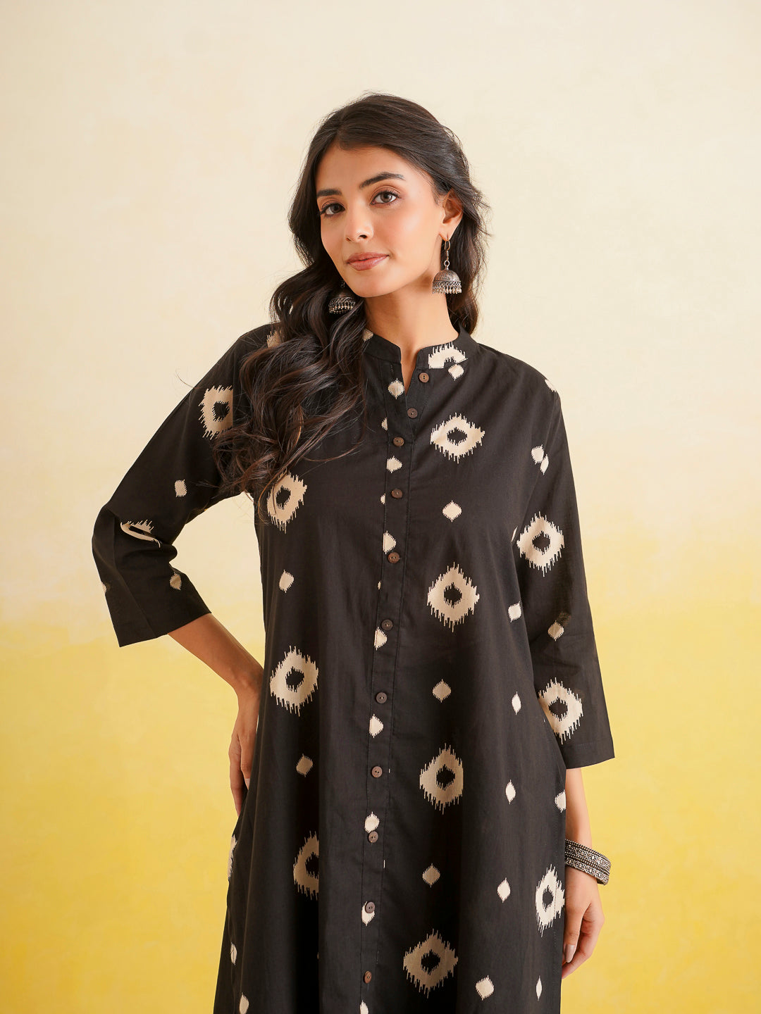 Printed A-Line Cotton Kurta Pant Set Black