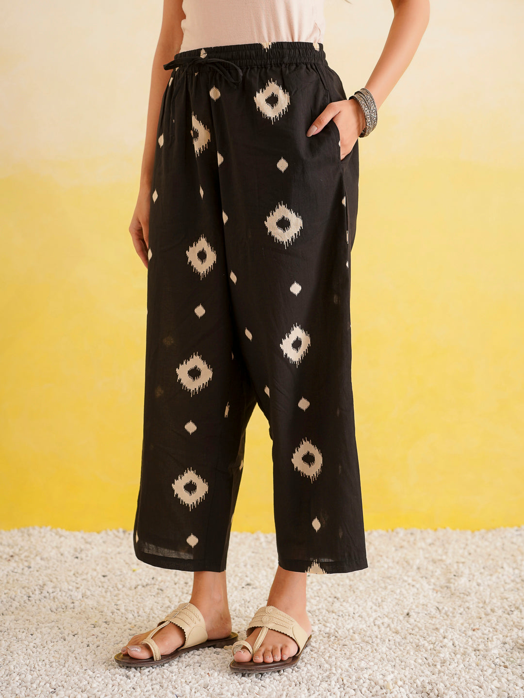 Printed A-Line Cotton Kurta Pant Set Black
