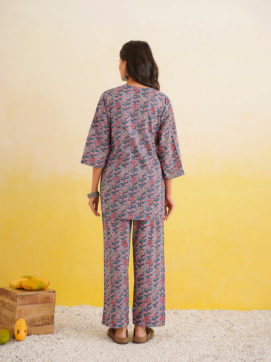 Cotton Printed Lounge Wear Coord Set Steel Blue