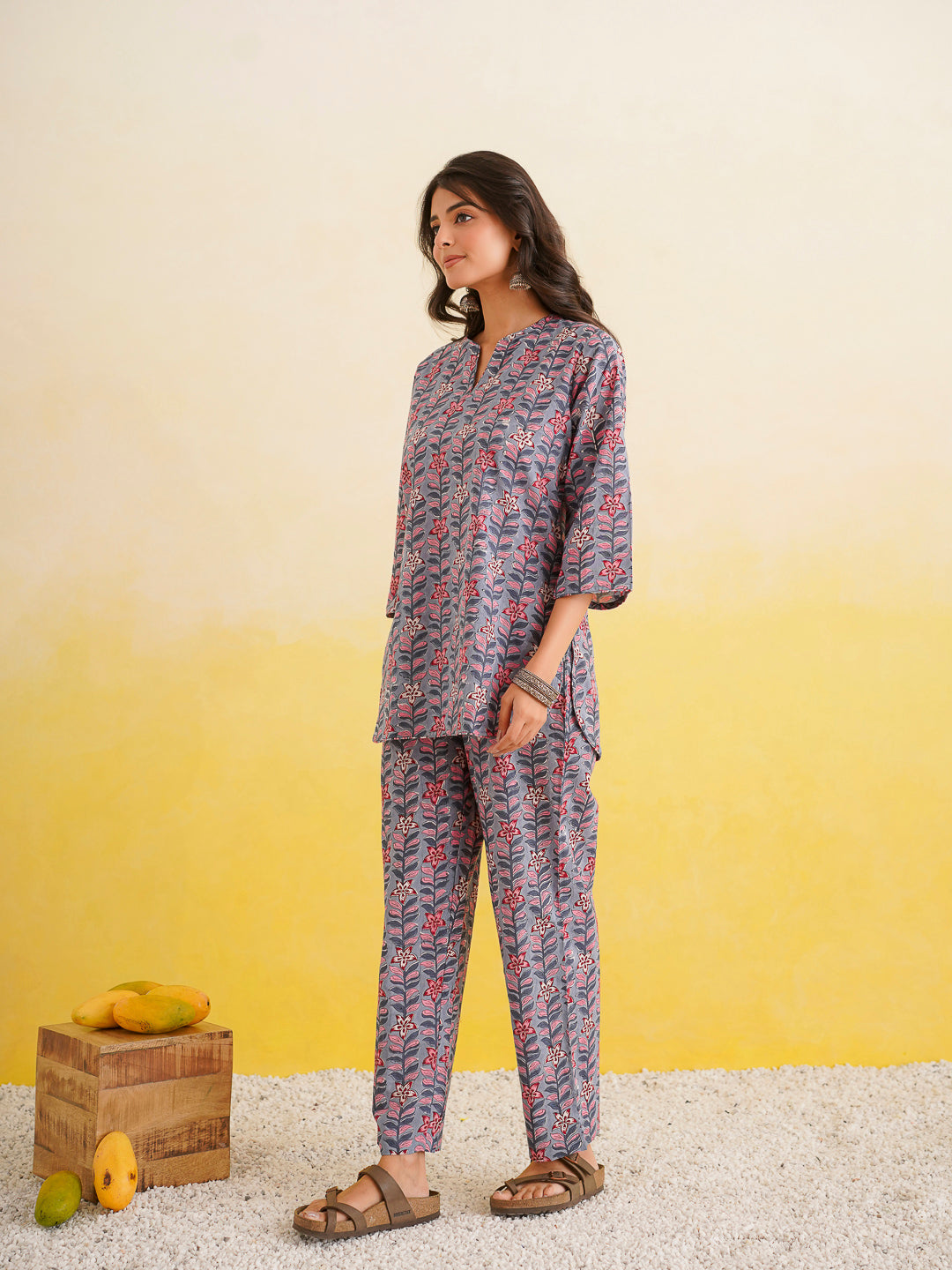 Cotton Printed Lounge Wear Coord Set Steel Blue