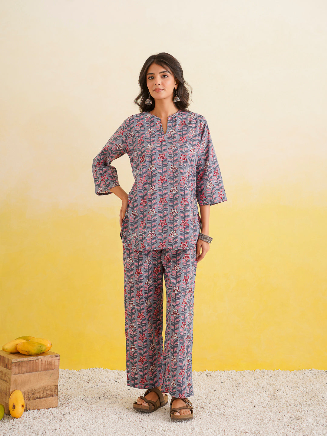 Cotton Printed Lounge Wear Coord Set Steel Blue