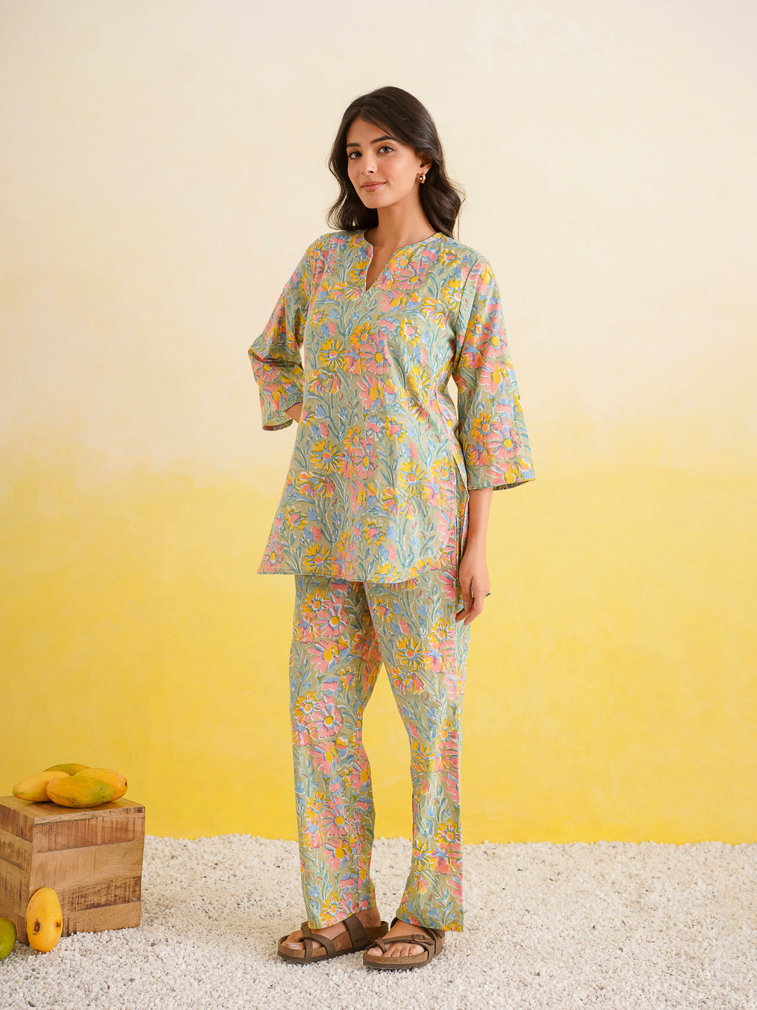 Cotton Printed Lounge Wear Coord Set Light Green