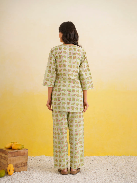 Cotton Printed Lounge Wear Coord Set Green