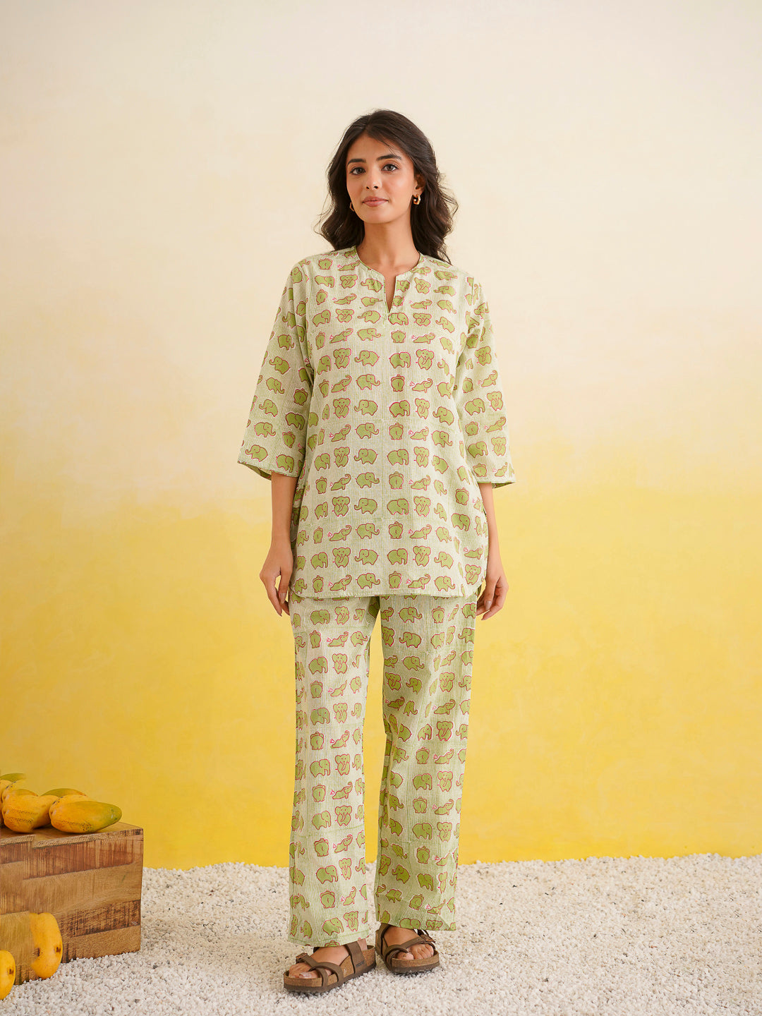 Cotton Printed Lounge Wear Coord Set Green