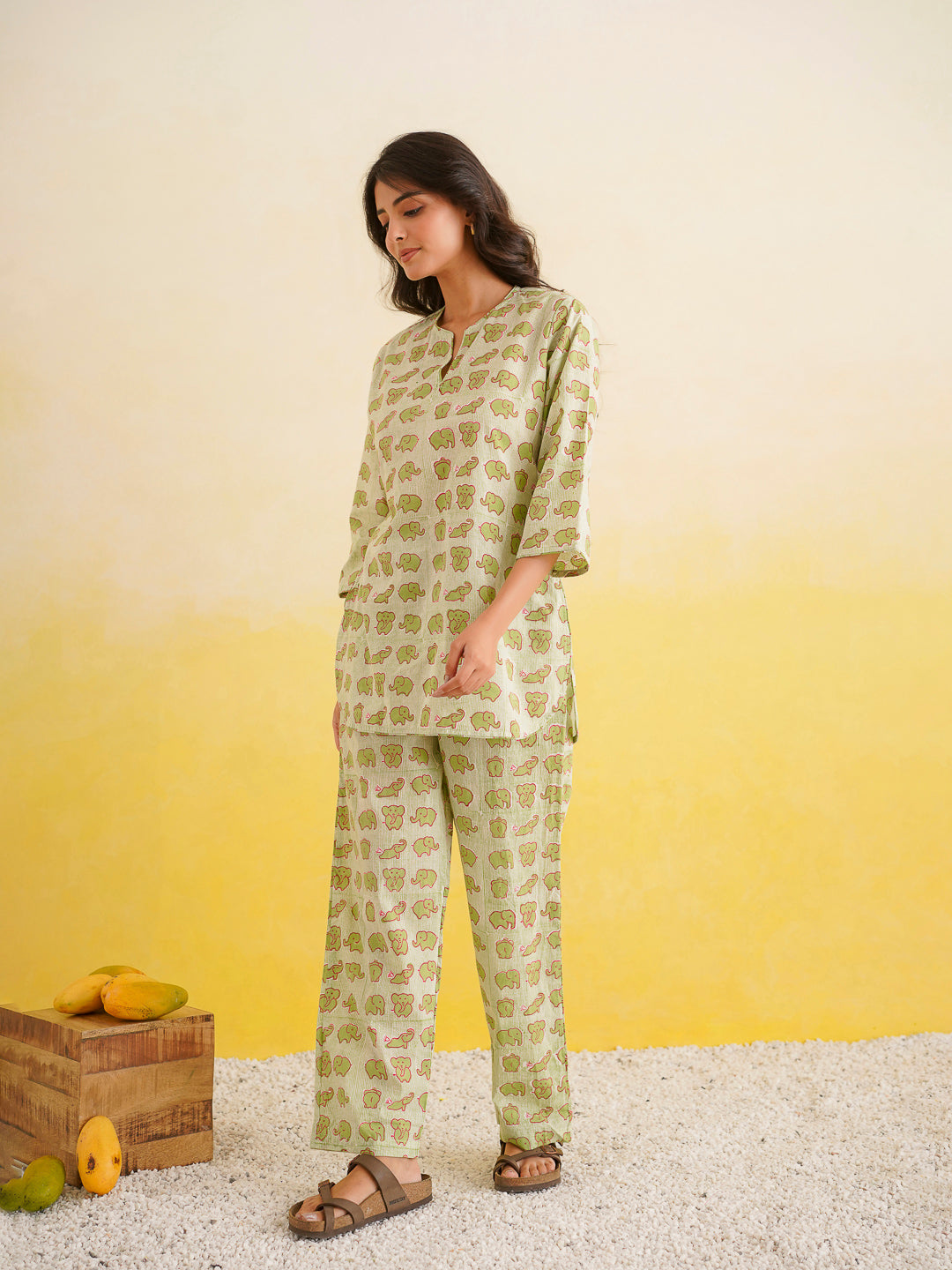 Cotton Printed Lounge Wear Coord Set Green