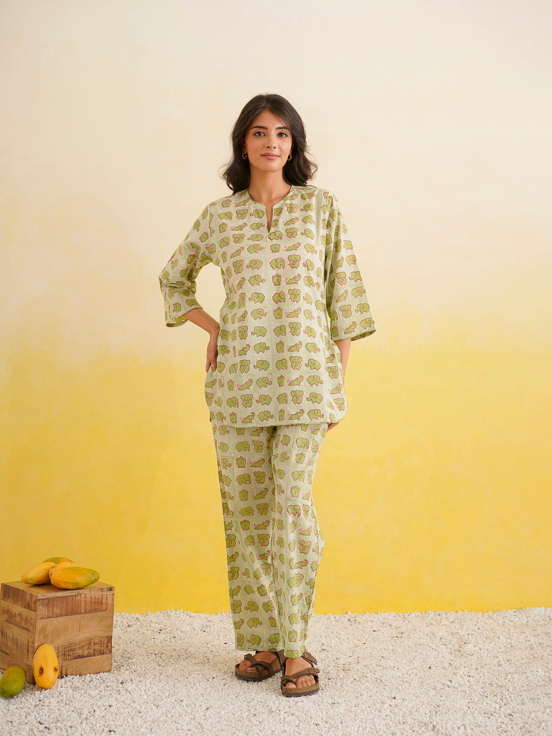 Cotton Printed Lounge Wear Coord Set Green