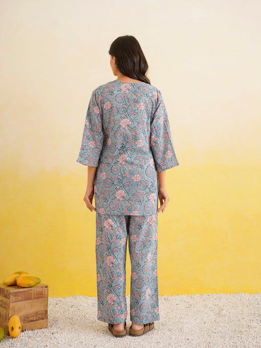 Cotton Printed Lounge Wear Coord Set Baby Blue