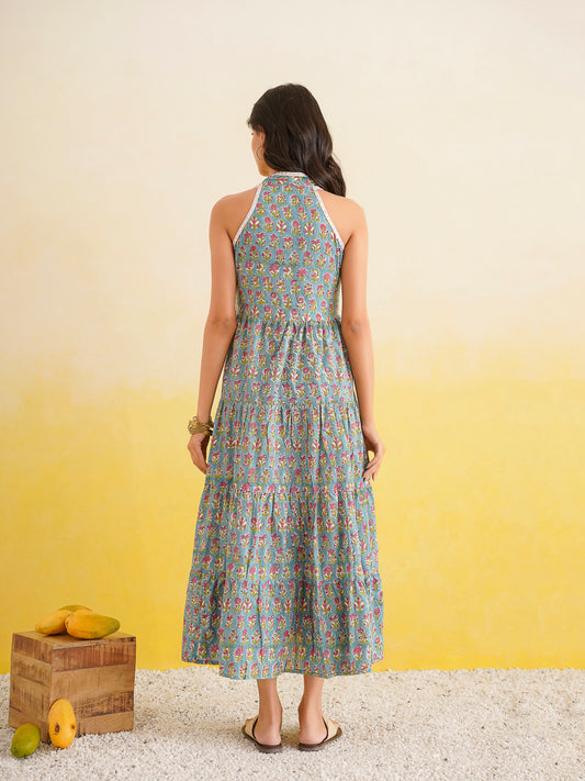 Tiered Halter Neck Dress Turquoise