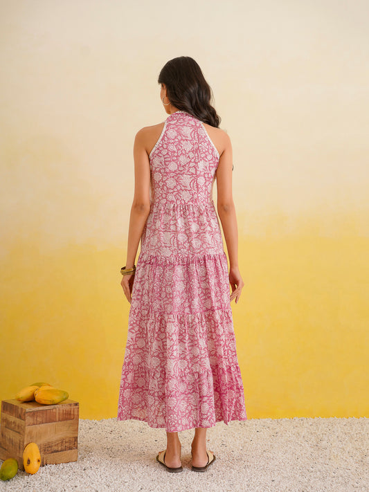 Tiered Halter Neck Dress Pink
