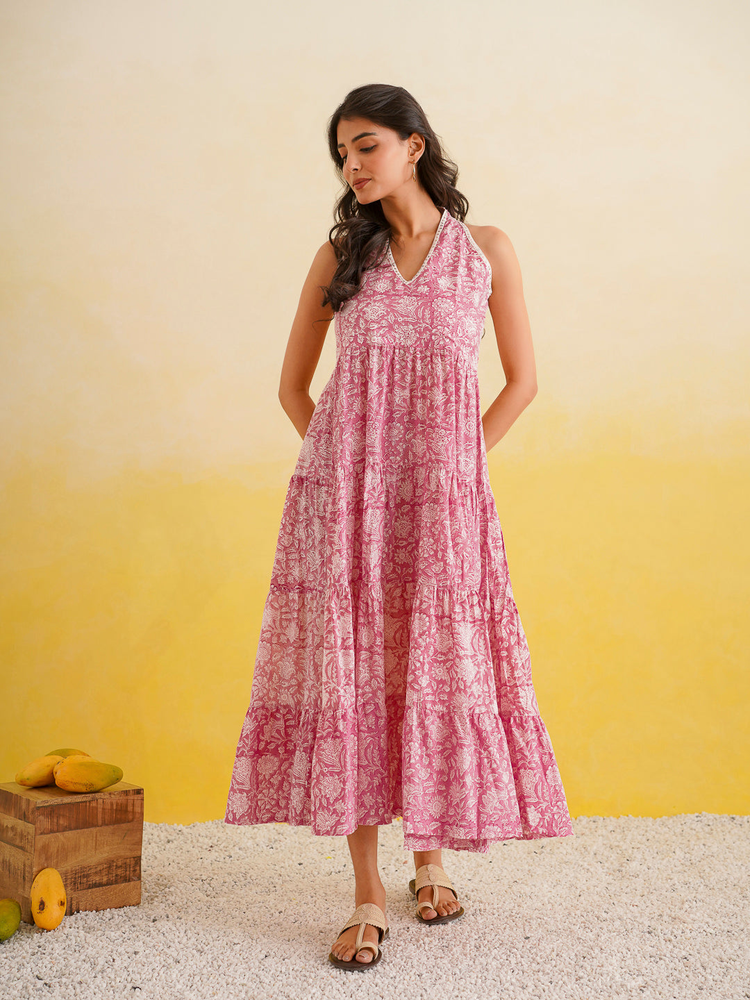 Tiered Halter Neck Dress Pink