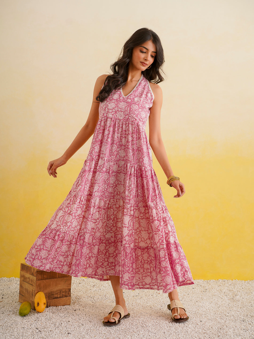 Tiered Halter Neck Dress Pink