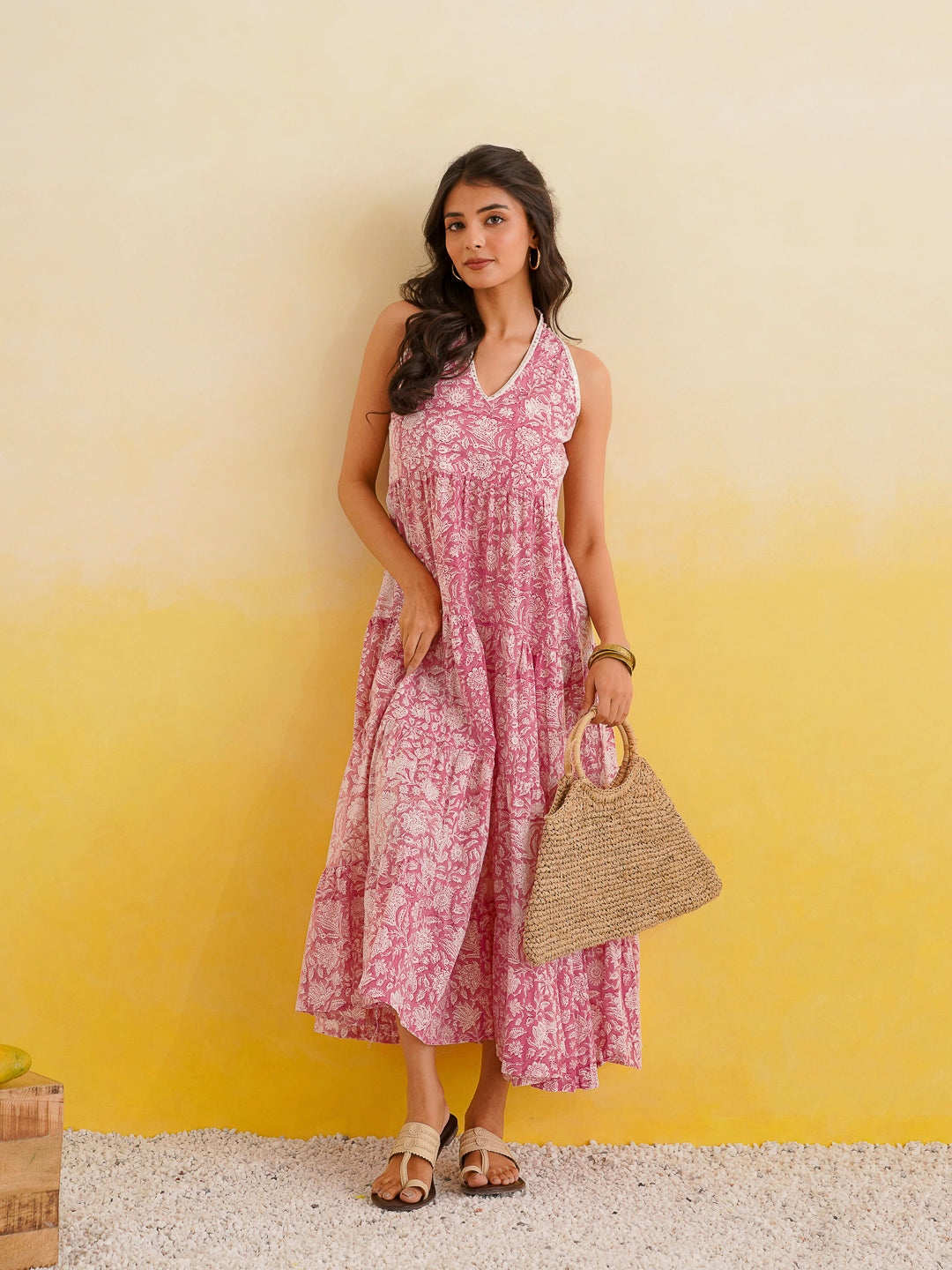 Tiered Halter Neck Dress Pink