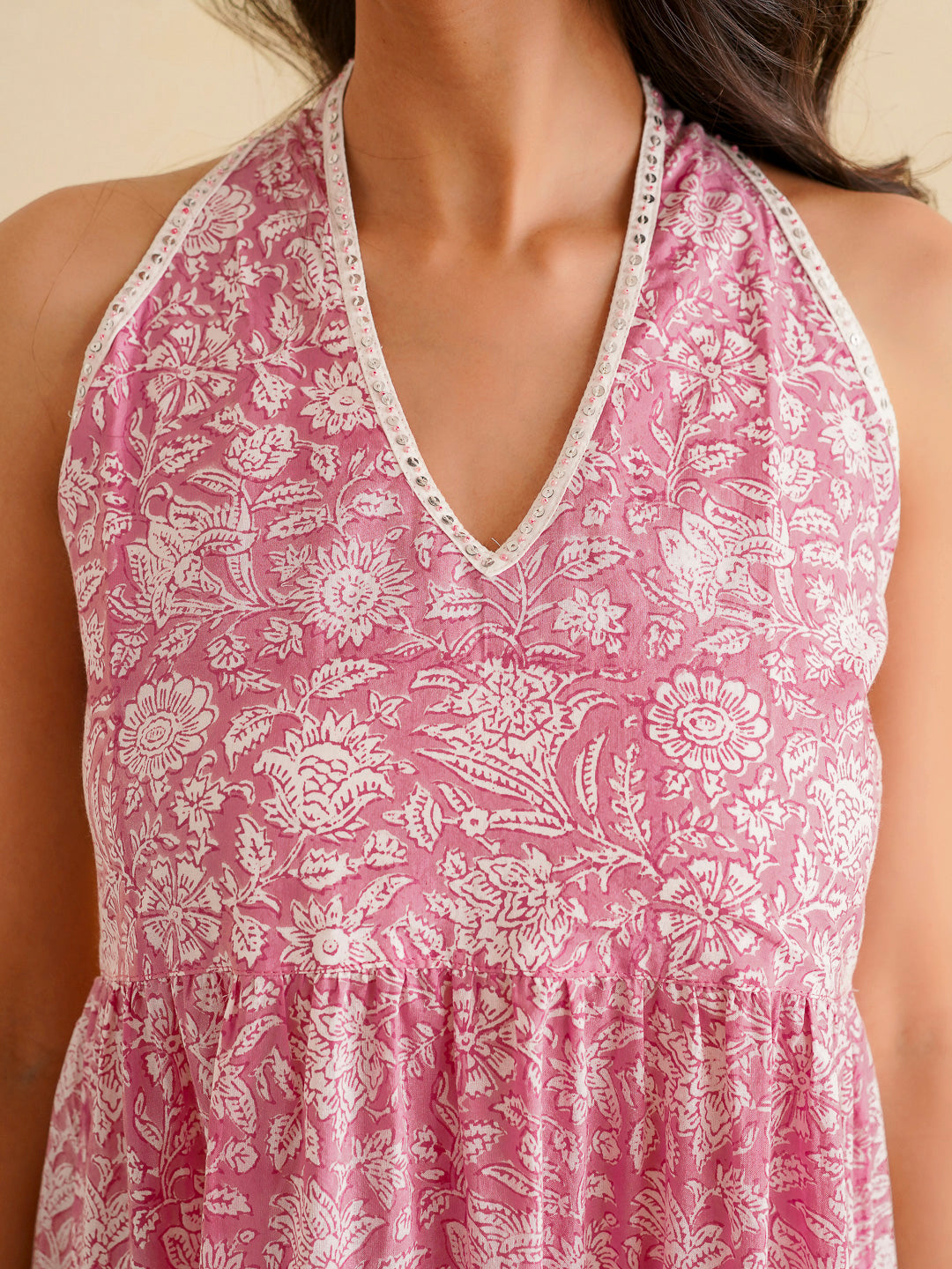 Tiered Halter Neck Dress Pink